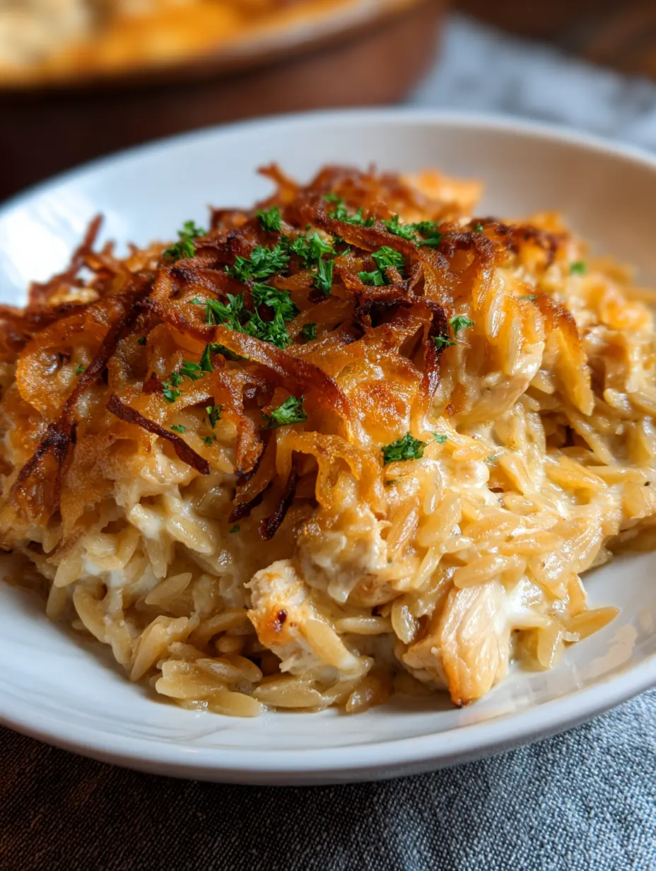French Onion Chicken Orzo Casserole